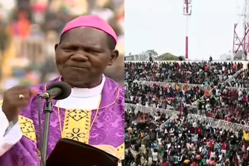 Collage photo of Bondo Bishop David Kodia  and Kenyans at Nyayo Stadium.